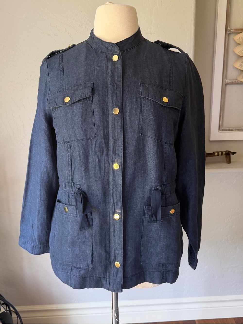 Chico's Women's Linen Navy Utility Jacket with Gold Buttons Jacket Size 2 Large